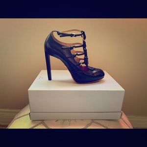 L.A.M.B Black Leather Strappy Ankle Strap Pumps